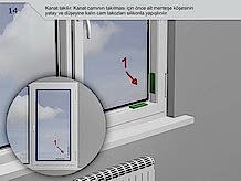 Kanat takılır. Kanat camının takılması için önce alt menteşe köşesinin yatay ve düşeyine kalın cam takozları silikonla yapıştırılır.